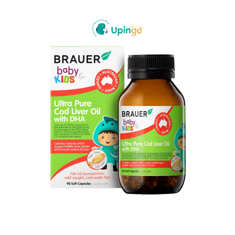 Dầu gan cá tinh khiết Brauer Baby & Kids hỗ trợ thị lực, trí não & miễn dịch cho bé từ 1 tuổi - 90 viên